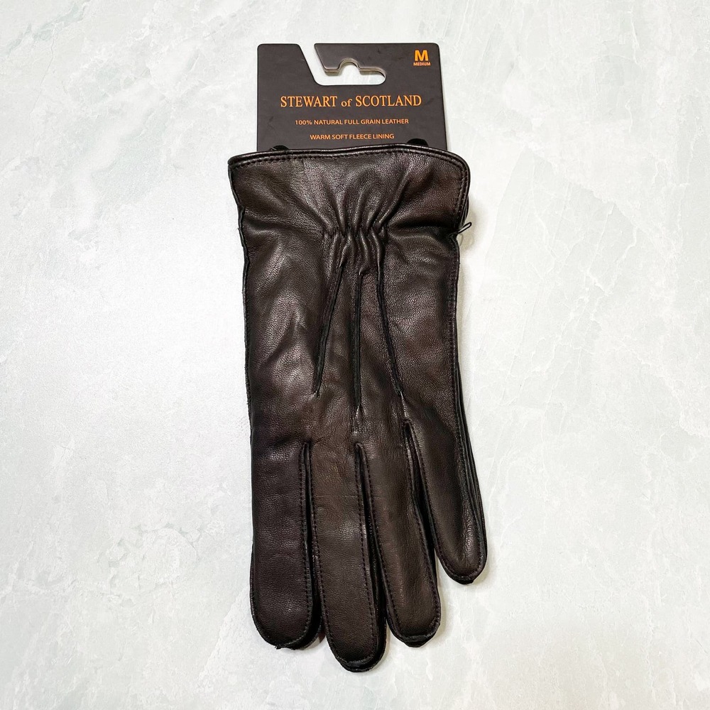 NWT Stewart of Scotland Black Leather Fleece Lined Rib Cuff Winter Gloves Medium